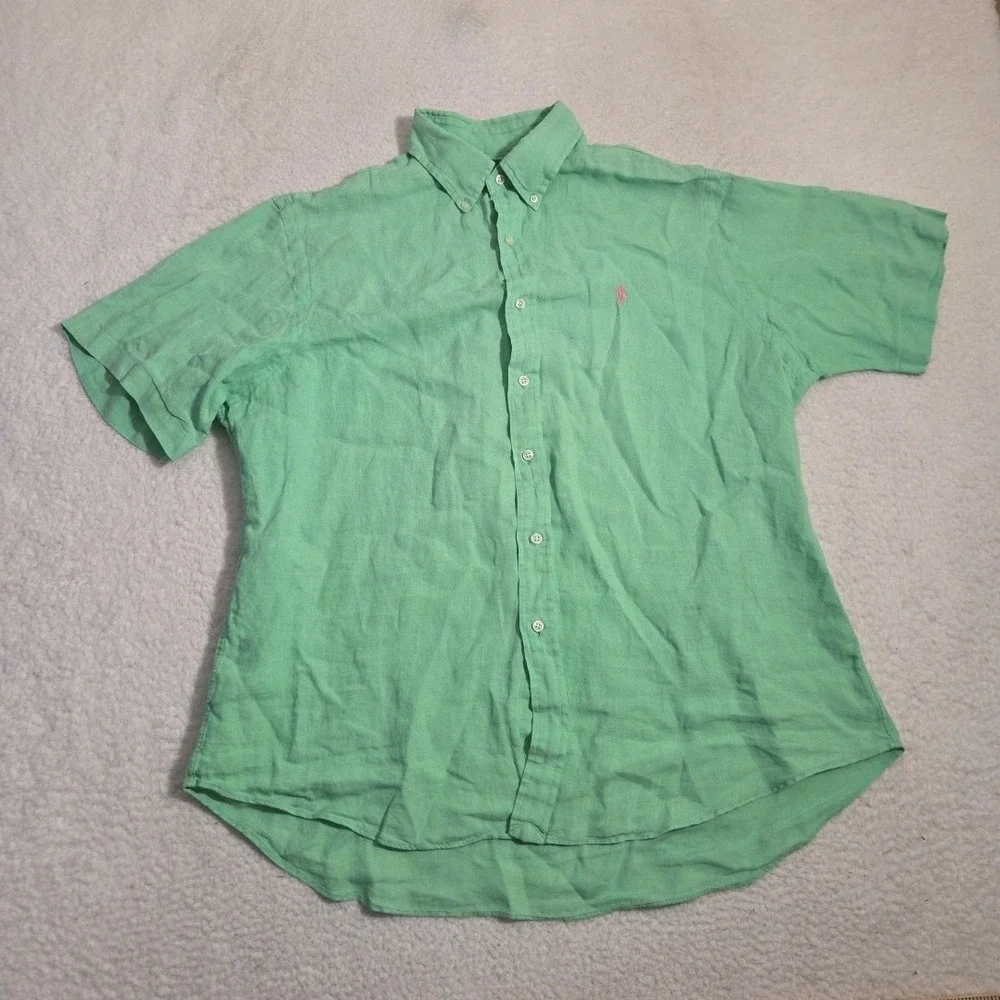 VTG Polo Ralph Lauren 100% Linen Short Sleeve‎ Button Down Shirt Size XL Green